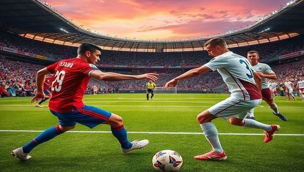 A dramatic football scene depicting Serbia and Latvia clashing on the pitch during a World Cup qualifier. Showcase Serbian players in vibrant red and blue uniforms, demonstrating skill and determination, contrasted by Latvian players in their traditional white and maroon, embodying resilience and tactical discipline. Capture the intensity of the match with a packed stadium, colorful fans waving flags, and the referee's whistle echoing, all set against a twilight sky. Create this image in high definition.
