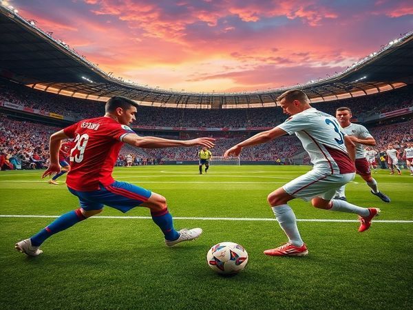 A dramatic football scene depicting Serbia and Latvia clashing on the pitch during a World Cup qualifier. Showcase Serbian players in vibrant red and blue uniforms, demonstrating skill and determination, contrasted by Latvian players in their traditional white and maroon, embodying resilience and tactical discipline. Capture the intensity of the match with a packed stadium, colorful fans waving flags, and the referee's whistle echoing, all set against a twilight sky. Create this image in high definition.