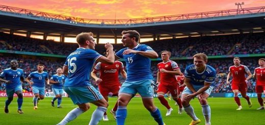 A dramatic football match under a vibrant sunset at Hampden Park, showcasing Scotland's resilient players in their blue jerseys, passionately rallying their fervent crowd. In contrast, Denmark's red and white squad, displaying their tactical prowess, presses forward with intensity. Capture the tension as Scottish captain Andy Robertson and Danish star Christian Eriksen face off in a pivotal moment, with the gleaming stadium and electrifying atmosphere surrounding them. High definition, vivid colors, and dynamic expressions of determination and strategy.