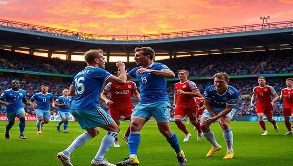 A dramatic football match under a vibrant sunset at Hampden Park, showcasing Scotland's resilient players in their blue jerseys, passionately rallying their fervent crowd. In contrast, Denmark's red and white squad, displaying their tactical prowess, presses forward with intensity. Capture the tension as Scottish captain Andy Robertson and Danish star Christian Eriksen face off in a pivotal moment, with the gleaming stadium and electrifying atmosphere surrounding them. High definition, vivid colors, and dynamic expressions of determination and strategy.