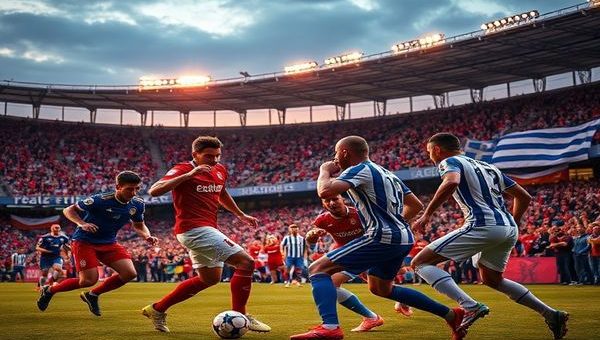A dramatic football scene at dusk featuring a tense encounter between Belarus and Greece on the pitch, with players in dynamic poses showcasing their determination and skill. The backdrop reveals a packed stadium filled with passionate fans holding banners, representing national pride. Highlight the contrasting styles of play: Belarus with solid defense and Greece with strategic attack. Make the image vivid, capturing the intensity of the match, and present it in high definition.