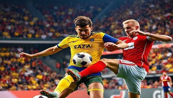 A high-definition image capturing the intense clash between Austria and Bosnia and Herzegovina during the 2026 World Cup Qualifiers. Visualize a dramatic soccer stadium filled with passionate fans, divided in their allegiance—half wearing austere red and white for Austria, showcasing efficiency and elegance, while the other half dons vibrant yellow and blue representing Bosnia, embracing passion and dynamic flair. In the foreground, key players like David Alaba and Edin Džeko grapple for control, their expressions embodying determination and intensity, as a mesmerizing clash of styles—a structured formation meeting exuberant creativity—unfolds on the pitch under the bright stadium lights.