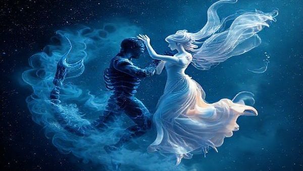 Create a high-definition image of a celestial dance between Scorpio and Libra, symbolized by a mysterious water element intertwined with graceful airy forms. Depict Scorpio as an intense, deep blue figure, shrouded in mist, embodying passion and resilience. Contrast this with Libra, portrayed as a light, ethereal being in soft pastels, flowing elegantly through the air, symbolizing harmony and beauty. In the background, a night sky filled with twinkling stars and constellations enhances the cosmic theme, encapsulating their complex yet delicate balance of love and connection.