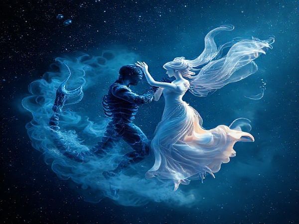Create a high-definition image of a celestial dance between Scorpio and Libra, symbolized by a mysterious water element intertwined with graceful airy forms. Depict Scorpio as an intense, deep blue figure, shrouded in mist, embodying passion and resilience. Contrast this with Libra, portrayed as a light, ethereal being in soft pastels, flowing elegantly through the air, symbolizing harmony and beauty. In the background, a night sky filled with twinkling stars and constellations enhances the cosmic theme, encapsulating their complex yet delicate balance of love and connection.