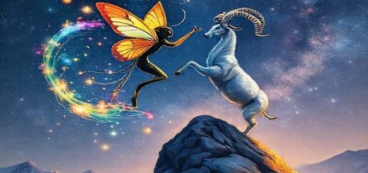 Create a high definition image of a cosmic dance between two zodiac signs: Gemini and Capricorn. Depict Gemini as a vibrant butterfly, gracefully fluttering through a swirl of colorful stars and ethereal airwaves, embodying curiosity and playfulness. Contrast this with Capricorn, represented as a majestic sea-goat standing firmly on a mountain, grounded and wise, surrounded by earthy elements like rocks and trees. The scene should blend these elements harmoniously, symbolizing their unique connection and mutual growth, with twinkling constellations illuminating the night sky above.