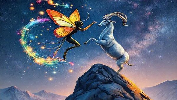 Create a high definition image of a cosmic dance between two zodiac signs: Gemini and Capricorn. Depict Gemini as a vibrant butterfly, gracefully fluttering through a swirl of colorful stars and ethereal airwaves, embodying curiosity and playfulness. Contrast this with Capricorn, represented as a majestic sea-goat standing firmly on a mountain, grounded and wise, surrounded by earthy elements like rocks and trees. The scene should blend these elements harmoniously, symbolizing their unique connection and mutual growth, with twinkling constellations illuminating the night sky above.