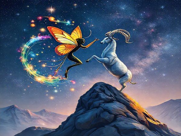 Create a high definition image of a cosmic dance between two zodiac signs: Gemini and Capricorn. Depict Gemini as a vibrant butterfly, gracefully fluttering through a swirl of colorful stars and ethereal airwaves, embodying curiosity and playfulness. Contrast this with Capricorn, represented as a majestic sea-goat standing firmly on a mountain, grounded and wise, surrounded by earthy elements like rocks and trees. The scene should blend these elements harmoniously, symbolizing their unique connection and mutual growth, with twinkling constellations illuminating the night sky above.
