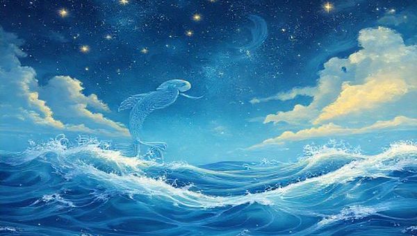 Create a high-definition image of a dreamy night sky where the gentle waves of a tranquil ocean meet the wispy clouds of a vibrant constellation. Illustrate the ethereal dance between Pisces and Gemini as flowing water and playful air, embodying the emotions and intellect of each sign. Include swirling colors of blues and purples for Pisces, blended with bright yellows and whites to represent Gemini's energy. Envelop the scene with stars twinkling in harmony, symbolizing their deep connection and the enchanting journey of love.