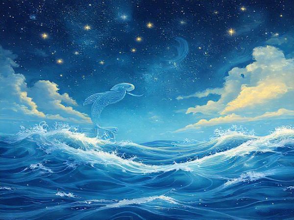 Create a high-definition image of a dreamy night sky where the gentle waves of a tranquil ocean meet the wispy clouds of a vibrant constellation. Illustrate the ethereal dance between Pisces and Gemini as flowing water and playful air, embodying the emotions and intellect of each sign. Include swirling colors of blues and purples for Pisces, blended with bright yellows and whites to represent Gemini's energy. Envelop the scene with stars twinkling in harmony, symbolizing their deep connection and the enchanting journey of love.