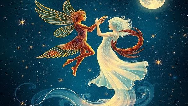 "Create a high definition image that depicts a cosmic dance between the airy Gemini and the watery Cancer. Visualize Gemini as a light, playful figure soaring among twinkling stars, adorned with shimmering colors representing curiosity and intellect. In contrast, depict Cancer as a serene, flowing figure surrounded by gentle moonlit waters, embodying depth, empathy, and warmth. The scene should radiate harmony and connection, with a celestial backdrop of constellations, smoothly weaving together the elements of air and water, symbolizing their unique yet complementary relationship."