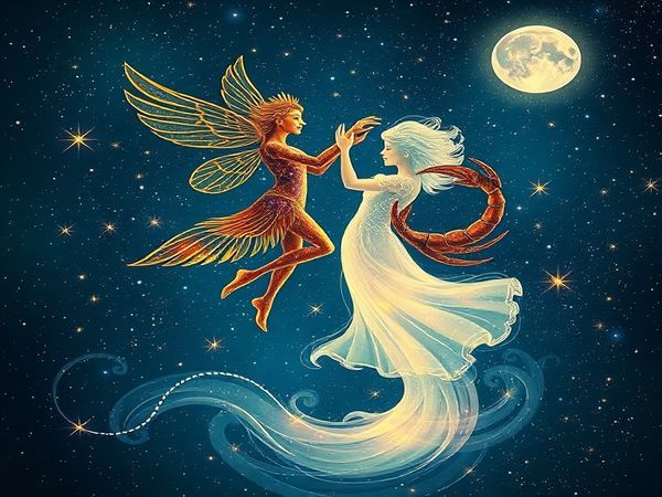 "Create a high definition image that depicts a cosmic dance between the airy Gemini and the watery Cancer. Visualize Gemini as a light, playful figure soaring among twinkling stars, adorned with shimmering colors representing curiosity and intellect. In contrast, depict Cancer as a serene, flowing figure surrounded by gentle moonlit waters, embodying depth, empathy, and warmth. The scene should radiate harmony and connection, with a celestial backdrop of constellations, smoothly weaving together the elements of air and water, symbolizing their unique yet complementary relationship."