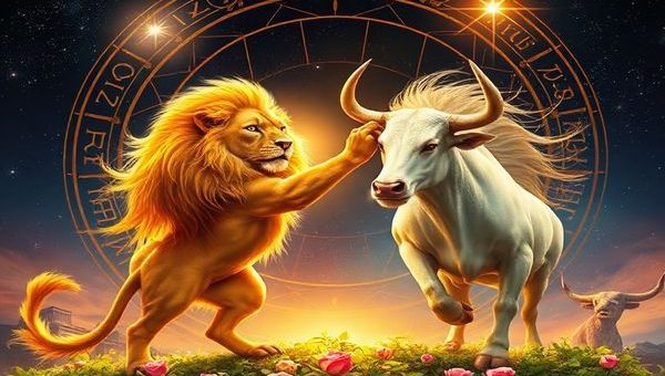 Create a high definition image of a serene cosmic dance between a majestic lion and a tranquil bull against a vibrant zodiac backdrop. The lion, adorned in golden rays of sunlight, exudes a fiery spirit, while the bull, rooted in earthy tones and surrounded by lush greenery, embodies stability and grace. The scene should capture the contrast between the lion's wild energy and the bull's calm demeanor, symbolizing their complementary nature. Stars twinkle in the night sky, adding a magical touch to their celestial duet, as blossoms of roses and bursts of light swirl around them, showcasing their profound connection and the beauty in their differences.