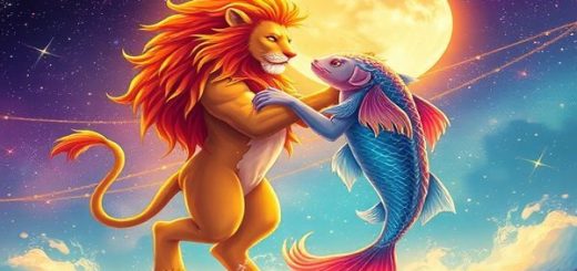 Create a high-definition image depicting the cosmic dance between Leo and Pisces in a vibrant celestial landscape. Illustrate Leo as a radiant lion bathed in sunlight, exuding warmth and confidence, while Pisces is represented as ethereal, fluid shapes resembling waves and dreamy fish, enveloped in soft moonlight. The background should showcase twinkling stars and a mystical aura, symbolizing their shared journey, with trails of fire and water intertwining in a beautiful harmony.