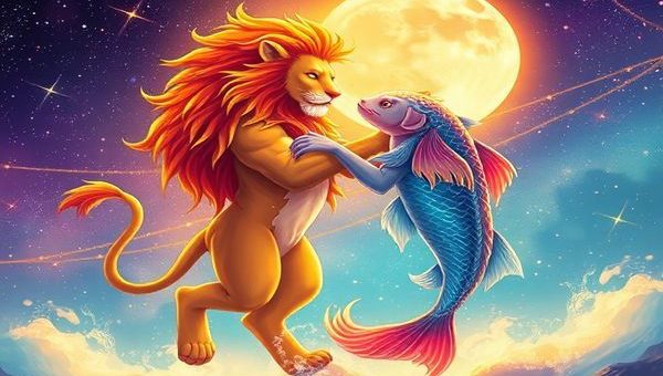 Create a high-definition image depicting the cosmic dance between Leo and Pisces in a vibrant celestial landscape. Illustrate Leo as a radiant lion bathed in sunlight, exuding warmth and confidence, while Pisces is represented as ethereal, fluid shapes resembling waves and dreamy fish, enveloped in soft moonlight. The background should showcase twinkling stars and a mystical aura, symbolizing their shared journey, with trails of fire and water intertwining in a beautiful harmony.