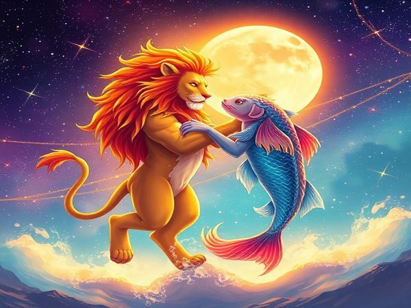 Create a high-definition image depicting the cosmic dance between Leo and Pisces in a vibrant celestial landscape. Illustrate Leo as a radiant lion bathed in sunlight, exuding warmth and confidence, while Pisces is represented as ethereal, fluid shapes resembling waves and dreamy fish, enveloped in soft moonlight. The background should showcase twinkling stars and a mystical aura, symbolizing their shared journey, with trails of fire and water intertwining in a beautiful harmony.