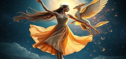 Create a high definition image of a cosmic ballet between Virgo and Gemini, represented as ethereal figures—a graceful, grounded woman embodying Earth, adorned with elements of nature and stability, dancing alongside a whimsical, airy twin duo representing Air, surrounded by swirling clouds and vibrant ideas. Set against a starry night sky, capture the enchanting interplay of their energies, reflecting the harmony of their contrasting natures in a beautifully woven tapestry of color and light.