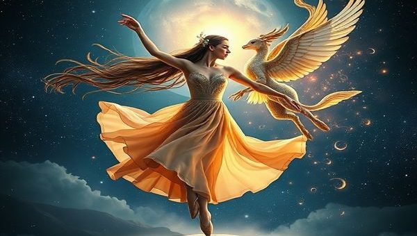 Create a high definition image of a cosmic ballet between Virgo and Gemini, represented as ethereal figures—a graceful, grounded woman embodying Earth, adorned with elements of nature and stability, dancing alongside a whimsical, airy twin duo representing Air, surrounded by swirling clouds and vibrant ideas. Set against a starry night sky, capture the enchanting interplay of their energies, reflecting the harmony of their contrasting natures in a beautifully woven tapestry of color and light.