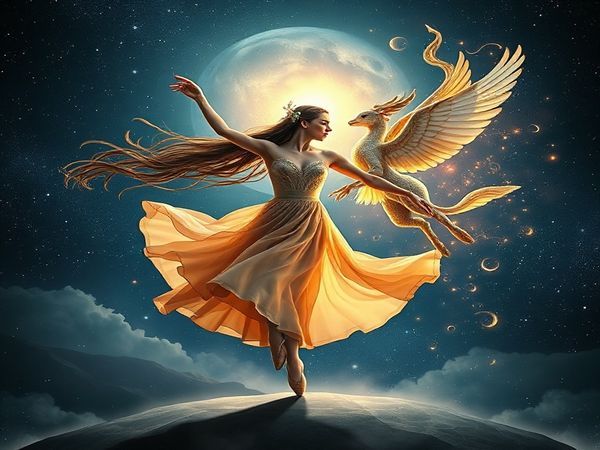 Create a high definition image of a cosmic ballet between Virgo and Gemini, represented as ethereal figures—a graceful, grounded woman embodying Earth, adorned with elements of nature and stability, dancing alongside a whimsical, airy twin duo representing Air, surrounded by swirling clouds and vibrant ideas. Set against a starry night sky, capture the enchanting interplay of their energies, reflecting the harmony of their contrasting natures in a beautifully woven tapestry of color and light.