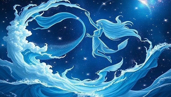 Create a high-definition image depicting the ethereal dance between Aquarius and Pisces, symbolized by flowing air currents and shimmering water waves. Illustrate Aquarius as a figure surrounded by swirling clouds, embodying innovation and change, while Pisces is portrayed as a graceful silhouette amidst flowing blue waters, radiating emotion and compassion. The background should showcase a cosmic landscape filled with twinkling stars, merging elements of air and water to symbolize their celestial union. The imagery should evoke a sense of mystical connection and human emotion.