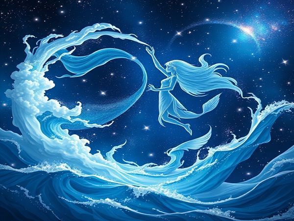 Create a high-definition image depicting the ethereal dance between Aquarius and Pisces, symbolized by flowing air currents and shimmering water waves. Illustrate Aquarius as a figure surrounded by swirling clouds, embodying innovation and change, while Pisces is portrayed as a graceful silhouette amidst flowing blue waters, radiating emotion and compassion. The background should showcase a cosmic landscape filled with twinkling stars, merging elements of air and water to symbolize their celestial union. The imagery should evoke a sense of mystical connection and human emotion.