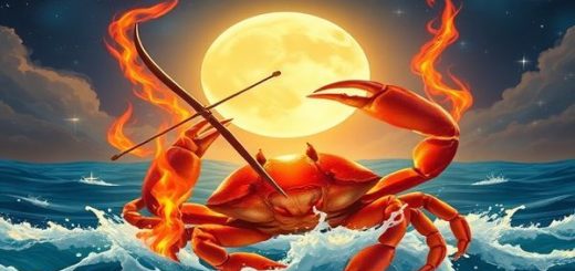 Create a high-definition image depicting a celestial dance between Sagittarius and Cancer. Illustrate Sagittarius as a fiery archer, with vibrant flames and expansive skies, embodying adventure and curiosity. Contrast this with a gentle Cancer, portrayed as a luminous crab emerging from serene waters, surrounded by soft moonlight and emotional waves. Showcase the harmony of their differences, blending fire and water against a backdrop of a twinkling starry night, symbolizing the richness of their union.