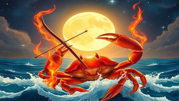 Create a high-definition image depicting a celestial dance between Sagittarius and Cancer. Illustrate Sagittarius as a fiery archer, with vibrant flames and expansive skies, embodying adventure and curiosity. Contrast this with a gentle Cancer, portrayed as a luminous crab emerging from serene waters, surrounded by soft moonlight and emotional waves. Showcase the harmony of their differences, blending fire and water against a backdrop of a twinkling starry night, symbolizing the richness of their union.