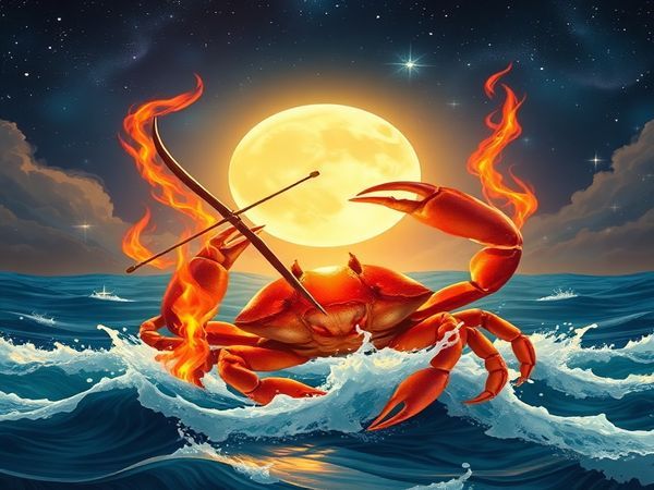 Create a high-definition image depicting a celestial dance between Sagittarius and Cancer. Illustrate Sagittarius as a fiery archer, with vibrant flames and expansive skies, embodying adventure and curiosity. Contrast this with a gentle Cancer, portrayed as a luminous crab emerging from serene waters, surrounded by soft moonlight and emotional waves. Showcase the harmony of their differences, blending fire and water against a backdrop of a twinkling starry night, symbolizing the richness of their union.