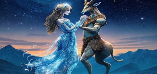 Create a high-definition image depicting the ethereal dance between Aquarius and Capricorn. Visualize Aquarius as a shimmering, airy figure adorned with flowing blue and silver robes, embodying innovation and ideals, while Capricorn stands grounded, a sturdy entity wearing earth-toned attire with horned details, representing tradition and ambition. They are intertwined in a cosmic landscape, where stars swirl and mountains loom under a twilight sky, symbolizing the harmony of their union—imagination meeting practicality, spontaneity weaving through structure. Let their connection glow with a vibrant aura, illustrating the delicate balance between air and earth in their partnership.