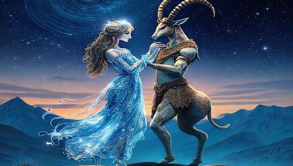 Create a high-definition image depicting the ethereal dance between Aquarius and Capricorn. Visualize Aquarius as a shimmering, airy figure adorned with flowing blue and silver robes, embodying innovation and ideals, while Capricorn stands grounded, a sturdy entity wearing earth-toned attire with horned details, representing tradition and ambition. They are intertwined in a cosmic landscape, where stars swirl and mountains loom under a twilight sky, symbolizing the harmony of their union—imagination meeting practicality, spontaneity weaving through structure. Let their connection glow with a vibrant aura, illustrating the delicate balance between air and earth in their partnership.