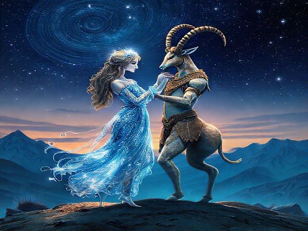 Create a high-definition image depicting the ethereal dance between Aquarius and Capricorn. Visualize Aquarius as a shimmering, airy figure adorned with flowing blue and silver robes, embodying innovation and ideals, while Capricorn stands grounded, a sturdy entity wearing earth-toned attire with horned details, representing tradition and ambition. They are intertwined in a cosmic landscape, where stars swirl and mountains loom under a twilight sky, symbolizing the harmony of their union—imagination meeting practicality, spontaneity weaving through structure. Let their connection glow with a vibrant aura, illustrating the delicate balance between air and earth in their partnership.