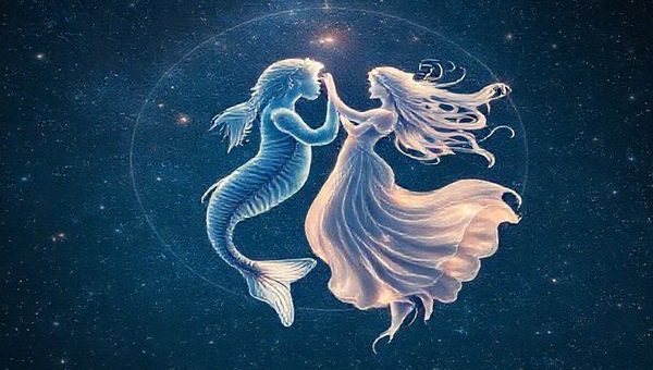 A mesmerizing celestial scene depicting the graceful dance of Pisces and Libra under a starlit sky, showcasing the ethereal beauty of water and air elements intertwining. Pisces, represented as a flowing water figure, radiates compassion and dreams, while Libra is depicted as a graceful air spirit, embodying balance and harmony. The background features a tapestry of constellations, with soft, shimmering stars that illuminate the night, symbolizing their enchanting connection. The image should be in high definition to capture the intricate details and vibrant colors of this cosmic love story.