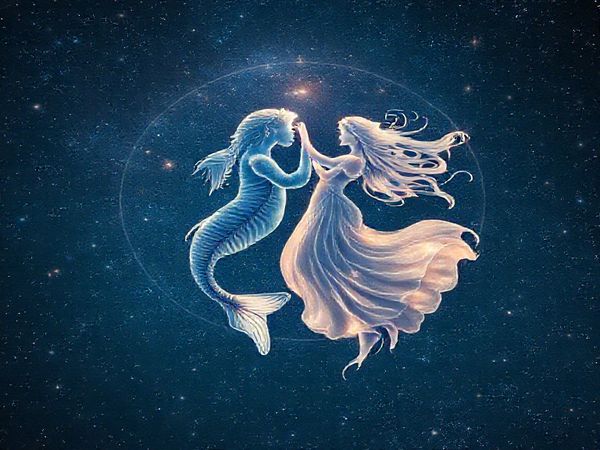 A mesmerizing celestial scene depicting the graceful dance of Pisces and Libra under a starlit sky, showcasing the ethereal beauty of water and air elements intertwining. Pisces, represented as a flowing water figure, radiates compassion and dreams, while Libra is depicted as a graceful air spirit, embodying balance and harmony. The background features a tapestry of constellations, with soft, shimmering stars that illuminate the night, symbolizing their enchanting connection. The image should be in high definition to capture the intricate details and vibrant colors of this cosmic love story.