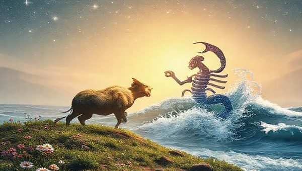 Create a high-definition image that captures the enchanting dance between the earthy Taurus and the mystical Scorpio. Visualize a serene landscape where solid, fertile soil meets the flowing, deep waters, with Taurus as a gentle, nurturing figure surrounded by lush greenery and blooming flowers, and Scorpio as an enigmatic presence emerging from the waves, embodying passion and intensity. Soft celestial stars twinkle above, symbolizing their cosmic connection, as the energy of their union weaves a vibrant tapestry of love, harmony, and transformation.