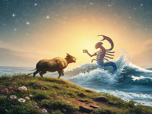 Create a high-definition image that captures the enchanting dance between the earthy Taurus and the mystical Scorpio. Visualize a serene landscape where solid, fertile soil meets the flowing, deep waters, with Taurus as a gentle, nurturing figure surrounded by lush greenery and blooming flowers, and Scorpio as an enigmatic presence emerging from the waves, embodying passion and intensity. Soft celestial stars twinkle above, symbolizing their cosmic connection, as the energy of their union weaves a vibrant tapestry of love, harmony, and transformation.