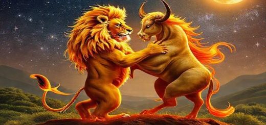 Create a high definition image depicting the eternal dance of Leo and Taurus, showcasing a majestic lion and a serene bull entwined in a celestial embrace under a starlit sky. The lion, radiating warmth and vibrant golden hues, contrasts beautifully with the grounded, earthy tones of the bull amidst lush, fertile landscapes. Incorporate elements of fire and earth, with swirling flames intertwining with rich soil, symbolizing their unique relationship. The background should be adorned with sparkling stars and a glowing moon, capturing the essence of their cosmic connection.