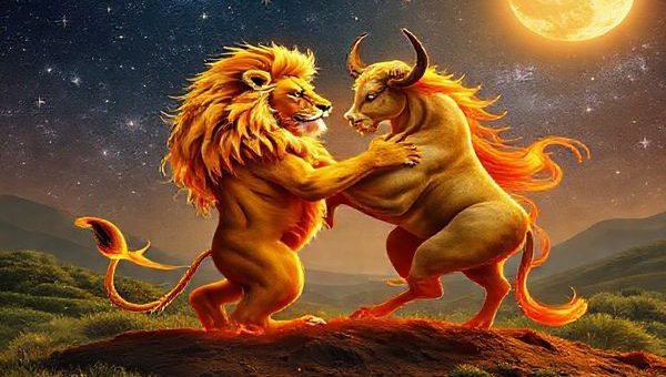 Create a high definition image depicting the eternal dance of Leo and Taurus, showcasing a majestic lion and a serene bull entwined in a celestial embrace under a starlit sky. The lion, radiating warmth and vibrant golden hues, contrasts beautifully with the grounded, earthy tones of the bull amidst lush, fertile landscapes. Incorporate elements of fire and earth, with swirling flames intertwining with rich soil, symbolizing their unique relationship. The background should be adorned with sparkling stars and a glowing moon, capturing the essence of their cosmic connection.