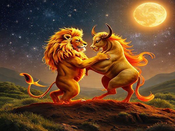 Create a high definition image depicting the eternal dance of Leo and Taurus, showcasing a majestic lion and a serene bull entwined in a celestial embrace under a starlit sky. The lion, radiating warmth and vibrant golden hues, contrasts beautifully with the grounded, earthy tones of the bull amidst lush, fertile landscapes. Incorporate elements of fire and earth, with swirling flames intertwining with rich soil, symbolizing their unique relationship. The background should be adorned with sparkling stars and a glowing moon, capturing the essence of their cosmic connection.