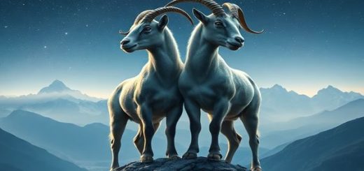 Create a high-definition image of two majestic mountain goats, symbolizing Capricorn, standing side by side on a rugged peak under a starry night sky. The goats should exude resilience and ambition, showcasing a sense of determination as they look towards distant, towering mountains. Below, a serene valley glimmers with soft light, reflecting the quiet strength and emotional depth of their bond. Incorporate celestial elements like twinkling stars and an ethereal glow to enhance the mystical atmosphere of their union.