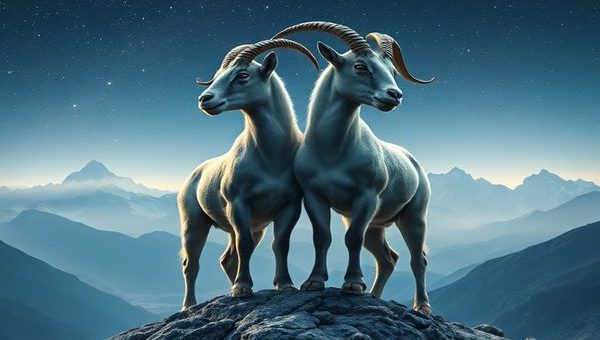 Create a high-definition image of two majestic mountain goats, symbolizing Capricorn, standing side by side on a rugged peak under a starry night sky. The goats should exude resilience and ambition, showcasing a sense of determination as they look towards distant, towering mountains. Below, a serene valley glimmers with soft light, reflecting the quiet strength and emotional depth of their bond. Incorporate celestial elements like twinkling stars and an ethereal glow to enhance the mystical atmosphere of their union.