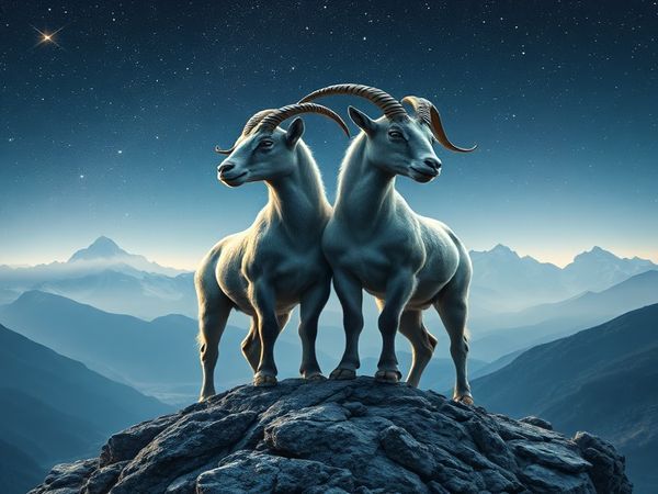 Create a high-definition image of two majestic mountain goats, symbolizing Capricorn, standing side by side on a rugged peak under a starry night sky. The goats should exude resilience and ambition, showcasing a sense of determination as they look towards distant, towering mountains. Below, a serene valley glimmers with soft light, reflecting the quiet strength and emotional depth of their bond. Incorporate celestial elements like twinkling stars and an ethereal glow to enhance the mystical atmosphere of their union.