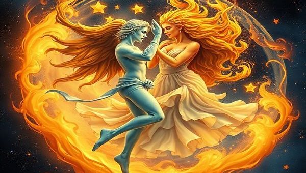 Create a high definition image depicting the celestial dance between Aquarius and Leo. Visualize Aquarius as a flowing, ethereal figure representing water and air, surrounded by swirling clouds and stars, embodying intellect and revolution. Contrastingly, portray Leo as a regal, radiant figure bathed in warm sunlight, exuding charisma and warmth, surrounded by flames and golden hues. The two figures should be positioned opposite each other, their energies intertwining in a vibrant, cosmic ballet, illustrating their connection and the balance of intellect and passion.