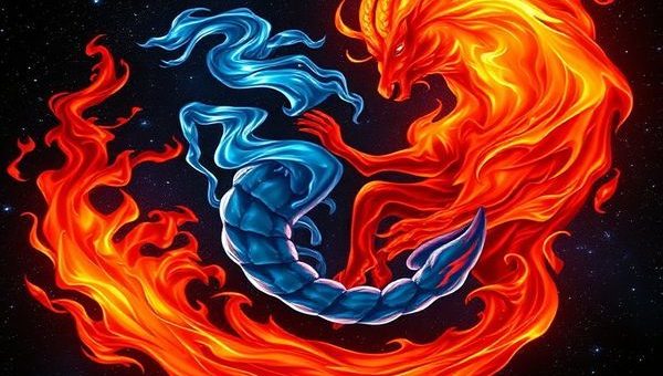 A high definition image of a mesmerizing cosmic dance between Scorpio and Aries. Visualize Scorpio as a fluid, deep blue water creature swirling gracefully through the starry night, embodying mystery and intensity. Aries appears as a dynamic, vibrant flame, radiating bold reds and oranges, representing passion and courage. The two elements intertwine in a breathtaking display of fiery sparks and flowing shadows, set against a backdrop of twinkling stars and swirling galaxies, conveying both the magnetism and complexity of their relationship.