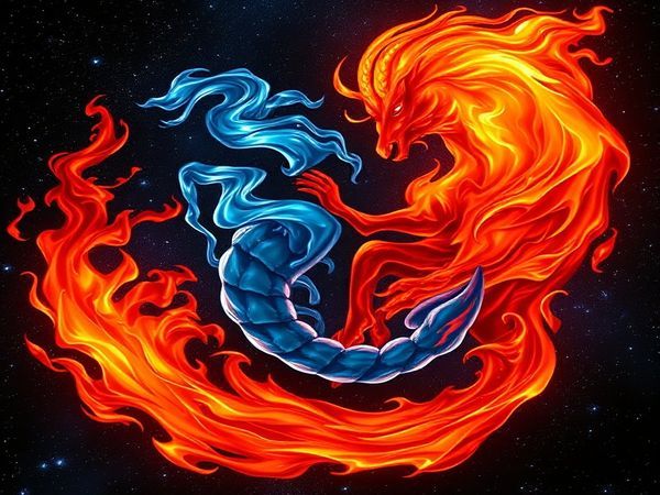 A high definition image of a mesmerizing cosmic dance between Scorpio and Aries. Visualize Scorpio as a fluid, deep blue water creature swirling gracefully through the starry night, embodying mystery and intensity. Aries appears as a dynamic, vibrant flame, radiating bold reds and oranges, representing passion and courage. The two elements intertwine in a breathtaking display of fiery sparks and flowing shadows, set against a backdrop of twinkling stars and swirling galaxies, conveying both the magnetism and complexity of their relationship.