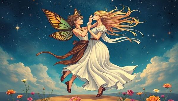 High definition image of a whimsical dance between celestial twins, Gemini and Virgo, set against a starry night sky. Gemini, depicted as a playful, airy figure adorned with butterfly wings, flits through wisps of colorful clouds. In contrast, Virgo appears as a grounded, earthy maiden, surrounded by blooming flowers and serene landscapes. The scene captures their dynamic relationship, with swirling winds intertwining with gentle earth tones, symbolizing their contrasting yet harmonious energies. Stars twinkle overhead, reflecting the depth of their connection.