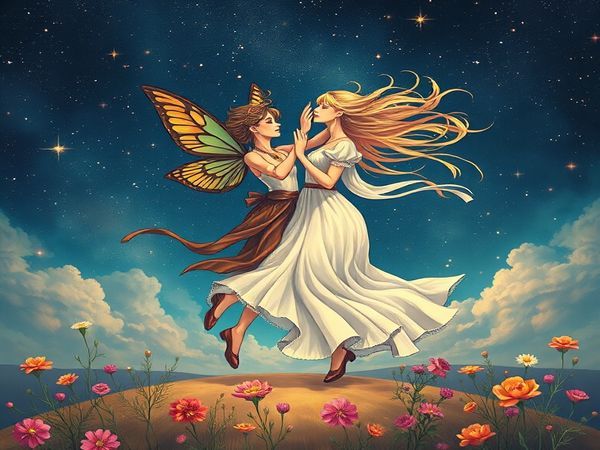 High definition image of a whimsical dance between celestial twins, Gemini and Virgo, set against a starry night sky. Gemini, depicted as a playful, airy figure adorned with butterfly wings, flits through wisps of colorful clouds. In contrast, Virgo appears as a grounded, earthy maiden, surrounded by blooming flowers and serene landscapes. The scene captures their dynamic relationship, with swirling winds intertwining with gentle earth tones, symbolizing their contrasting yet harmonious energies. Stars twinkle overhead, reflecting the depth of their connection.