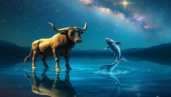 A breathtaking cosmic scene depicting the union of Taurus and Pisces under a starlit sky. Taurus, a majestic bull made of earthy textures, stands firmly at the edge of a serene lake, while Pisces, ethereal and fluid, gracefully dances upon the water's surface, surrounded by glimmering bubbles. The night glows with vibrant colors representing love and understanding, blending earthy greens and blues with mystical blues and purples. Capture their harmonious connection in high definition, highlighting the gentle flow of emotions as they embrace the balance between strength and softness.