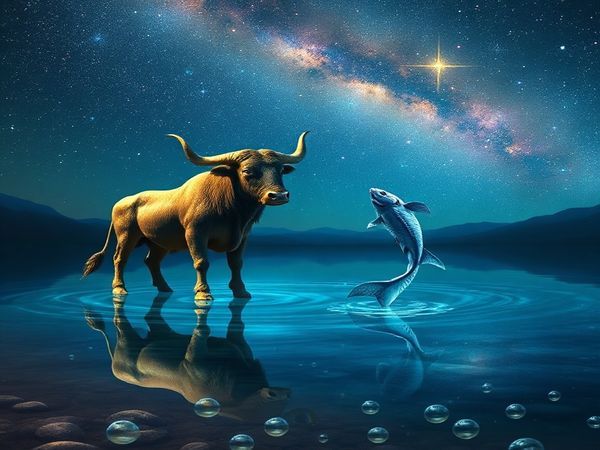 A breathtaking cosmic scene depicting the union of Taurus and Pisces under a starlit sky. Taurus, a majestic bull made of earthy textures, stands firmly at the edge of a serene lake, while Pisces, ethereal and fluid, gracefully dances upon the water's surface, surrounded by glimmering bubbles. The night glows with vibrant colors representing love and understanding, blending earthy greens and blues with mystical blues and purples. Capture their harmonious connection in high definition, highlighting the gentle flow of emotions as they embrace the balance between strength and softness.