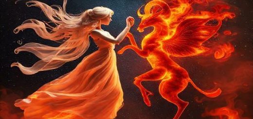 A cosmic dance unfolds between Libra and Aries in a stunning high-definition scene, where soft, swirling air in gentle pastel tones meets vibrant, flickering flames of deep red and orange. Ethereal silhouettes of Libra, draped in elegant fabrics, contrast sharply with the bold, dynamic form of Aries, radiating energy and warmth. The backdrop features a starry night sky filled with twinkling constellations, symbolizing their astrological connection. Wisps of smoke intertwine gracefully with sparks of fire, creating a harmonious blend of tranquility and passion, capturing the essence of their oppositional yet complementary relationship.