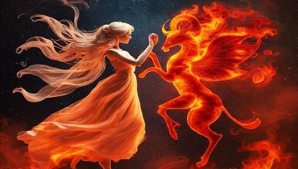 A cosmic dance unfolds between Libra and Aries in a stunning high-definition scene, where soft, swirling air in gentle pastel tones meets vibrant, flickering flames of deep red and orange. Ethereal silhouettes of Libra, draped in elegant fabrics, contrast sharply with the bold, dynamic form of Aries, radiating energy and warmth. The backdrop features a starry night sky filled with twinkling constellations, symbolizing their astrological connection. Wisps of smoke intertwine gracefully with sparks of fire, creating a harmonious blend of tranquility and passion, capturing the essence of their oppositional yet complementary relationship.