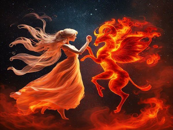 A cosmic dance unfolds between Libra and Aries in a stunning high-definition scene, where soft, swirling air in gentle pastel tones meets vibrant, flickering flames of deep red and orange. Ethereal silhouettes of Libra, draped in elegant fabrics, contrast sharply with the bold, dynamic form of Aries, radiating energy and warmth. The backdrop features a starry night sky filled with twinkling constellations, symbolizing their astrological connection. Wisps of smoke intertwine gracefully with sparks of fire, creating a harmonious blend of tranquility and passion, capturing the essence of their oppositional yet complementary relationship.